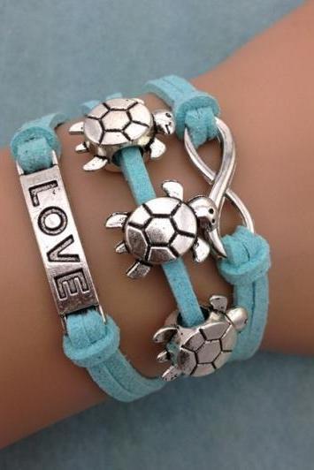 Blue Turtle love bracelet charm bracelet infinity leather bracelet