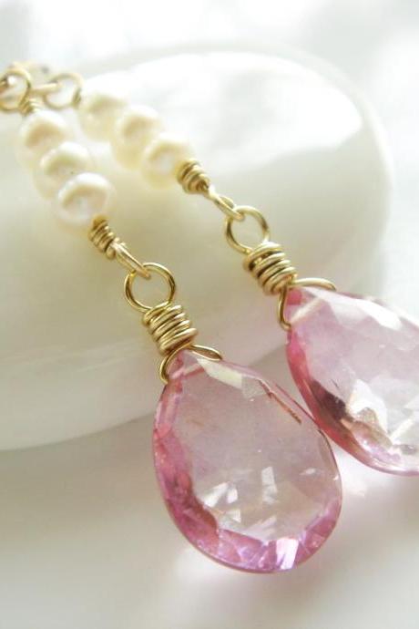 Ellena Alluring Pink Topaz Freshwater Pearl 14k Gold Filled Earrings