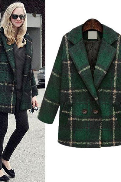 Checkered Lapel Double Breasted Woolen Coat