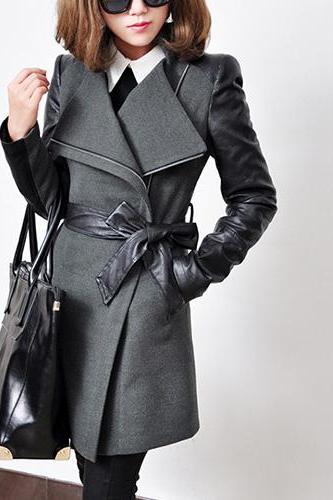 Lapel PU Leather Spliced Trench Coat