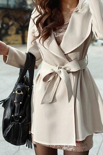 OL Style Sash Lapel Pure Color Trench Coat