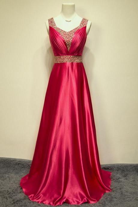 Elegant Handmade A-line Floor Length Rose Red Prom Dress with Sequins, Long Prom Dress, Prom Dresses 2015, Evening Gown