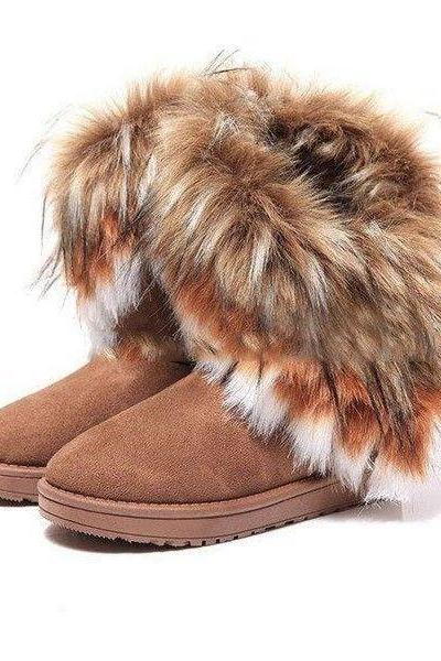 Autumn And Winter Snow Boots Feathers Fox Fur Flat-bottomed Short Cotton-padded Shoes Winter Boots