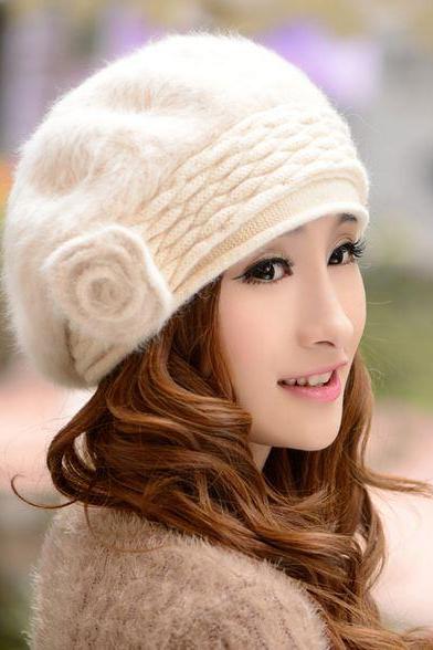 Off White Beret Winter Hats for Women White Rabbit Hair Wool Beret Teen Girls White Hats