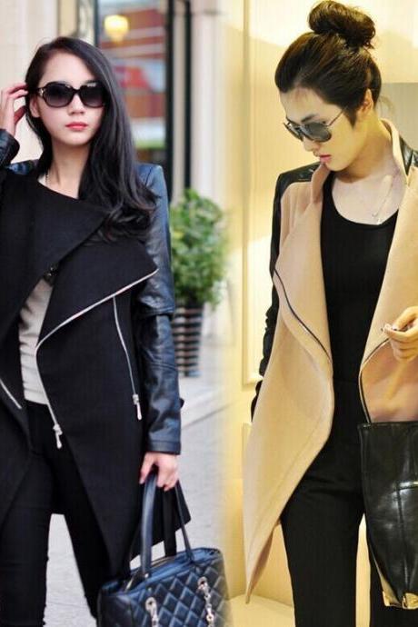 Fashion Lapel PU Leather Spliced Long Sleeve Trench Coat