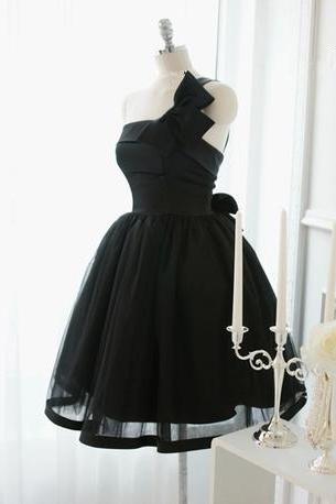 Elegant Ball Gown Short Organza Black Prom Dress with Bow, Black Prom Dresses, Homecoming Dresses, Bridesmaid Dresses
