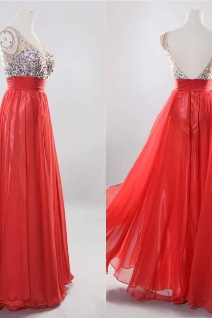 Gorgeous Sparkle A-line Chiffon White Prom Dress With Beadings And Rehinstones, Prom Dress 2015, Long Prom Dress, Evening Gown