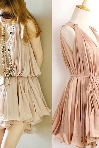 Sweet Elegant Pink Pleated Chiffon Dress--Pink