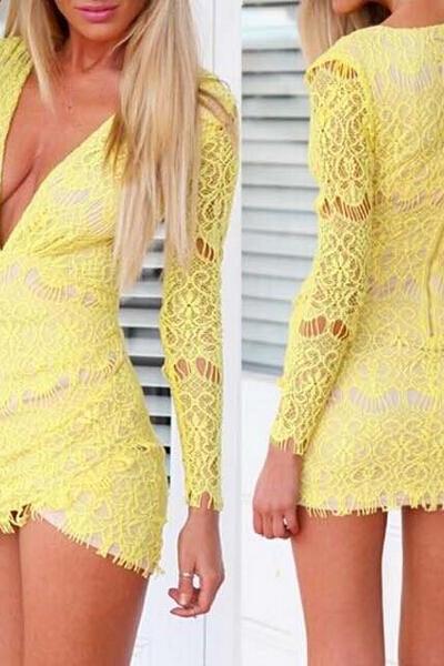 Hot sale sexy Long-sleeved V-neck Lace Dress for women