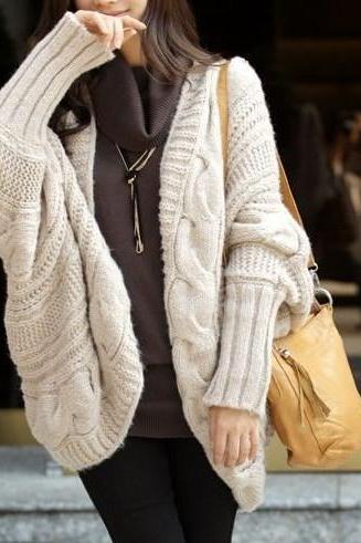 Beige New Lady Loose Warm Sweater Coat Wool Knit Cardigan Batwing Outwear