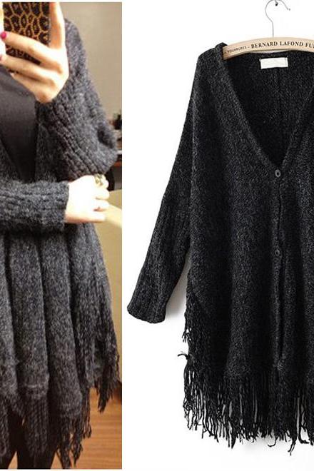 New Black Tassel Knitting Batwing Sleeve Sweater Cardigan