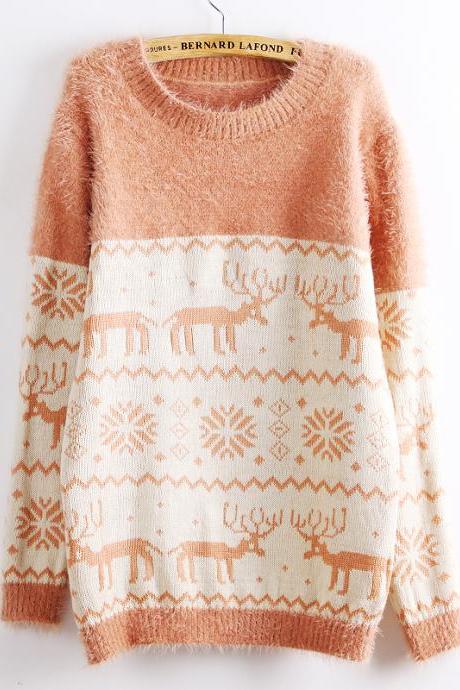 Deer Snowflake Round Neck Sweater For Women