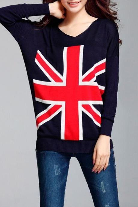 Long Sleeve Women Knitted Cardigan UK Flag Pattern Sweater Casual V-Neck Women Plus Size