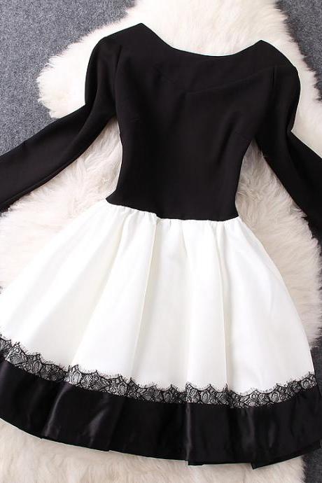 V-neck Long-sleeved Black And White Hit Color Stitching Lace Dress Vg122803nm