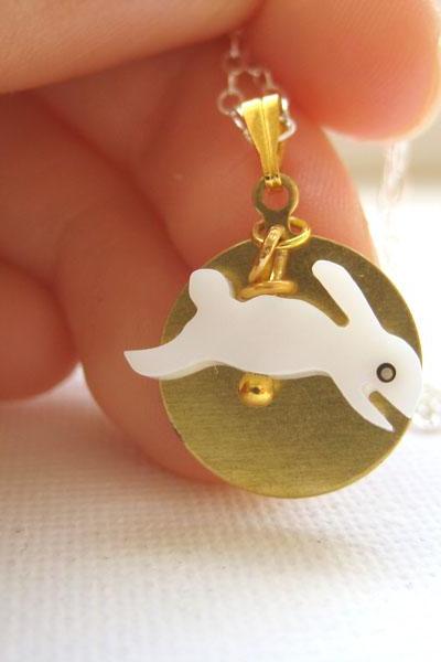 Sterling silver necklace with shell rabbit and brass disc - Bunny and a Golden Moon