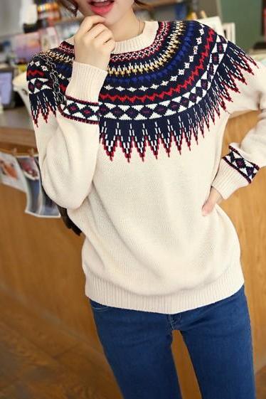 Vintage Preppylook Round Neck Floral Casual Knitted Sweater One Size As Women's Fashion Christmas Gift