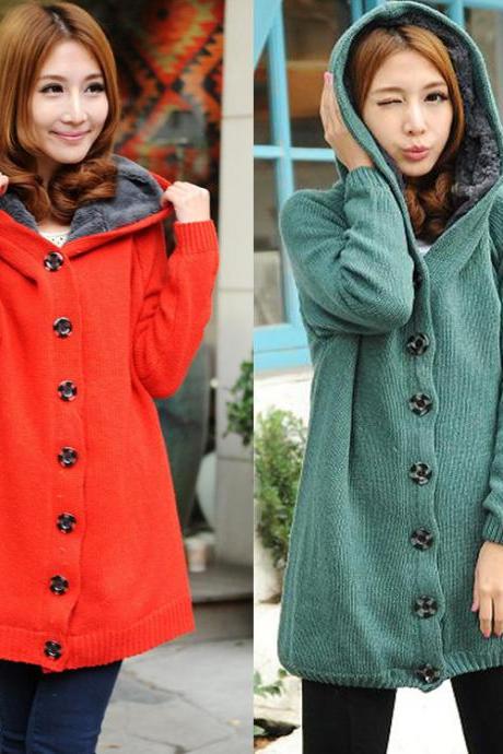 Single-breasted Hooded Fleece Inside Casual Loose Longline Knitted Cotton Sweater Jacket One Size