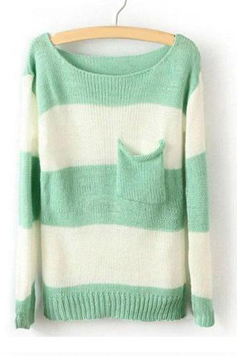 Green White Striped Long Sleeve Pullover Sweater