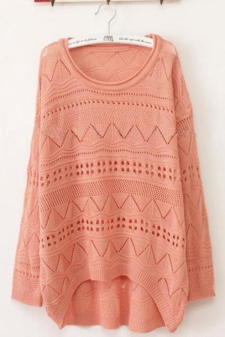 Pink Geometric Eyelet Embellished Knit Jumper Sweater