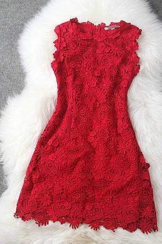 Red Embroidery Beading Temperament Sleeveless Dress