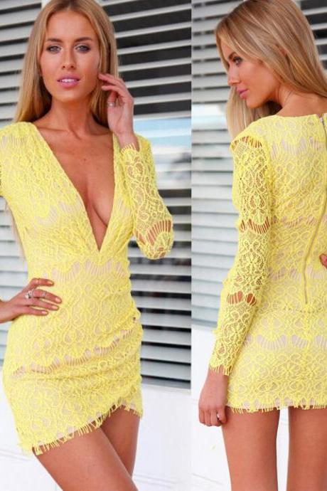 Sexy V Neck Yellow Long Sleeve Lace Dress