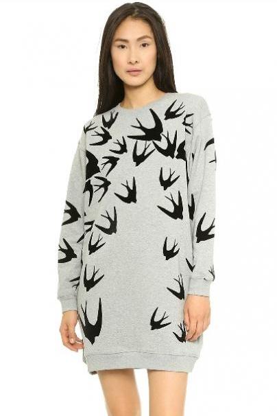 Cheap Fashion O Neck Long Sleeves Swallows Print Grey Long Pullover Sweater
