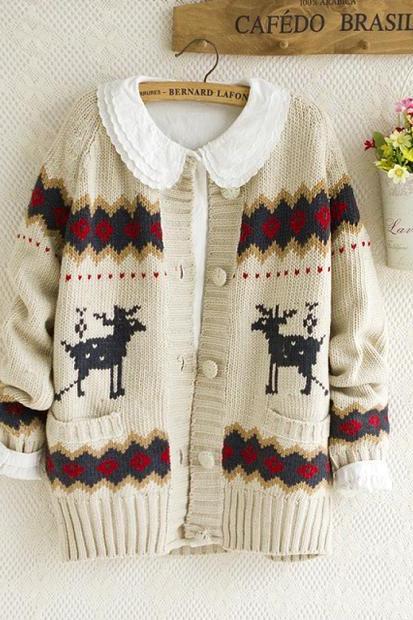 College Wind Cute Elk Collision Color Sweater Knit