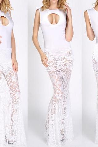 Sexy White Lace Sleeveless Dress Vg123106nm