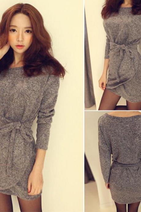 High Quality Women Long Sleeve Casual Jumper Pullover Sweater Wraps Bodycon Dress With Belts