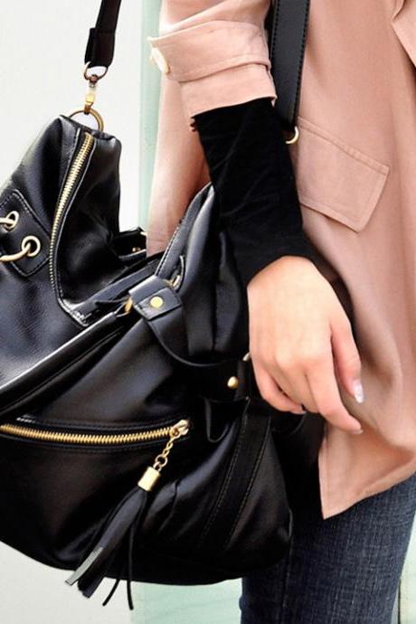 Korean Women's Tassel Shoulder Bag Large Capacity Handbag Black