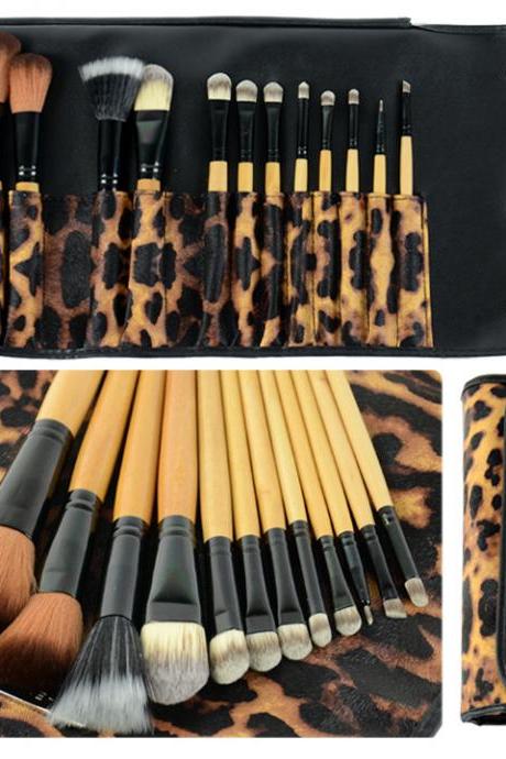 12 Pcs Makeup Brush Set Eyebrow Pencil Lip Liner Leopard Holder Bag
