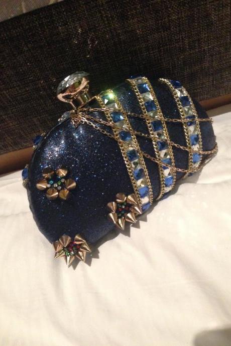 Super Italy Desinger Crystal Spike Rivet Bling Box Clutch Fashion Loyal Blue Handbag Purses