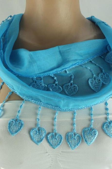 Light blue scarf, cotton scarf,cowl with polyester heart trim,neckwarmer, foulard,navy blue scarflette, Christmas gift for her