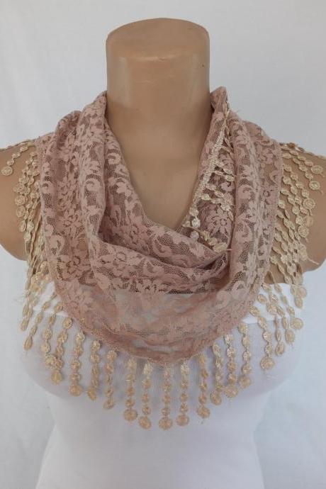 Tan lace scarf , Beige scarf with lace trim,summer scarf, neck scarf, foulard,scarflette,bandana
