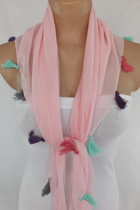 Pink chiffon scarf, Trendy fashion scarf, cowl with tassels ,women accessory,, scarf necklace, foulard,scarflette,