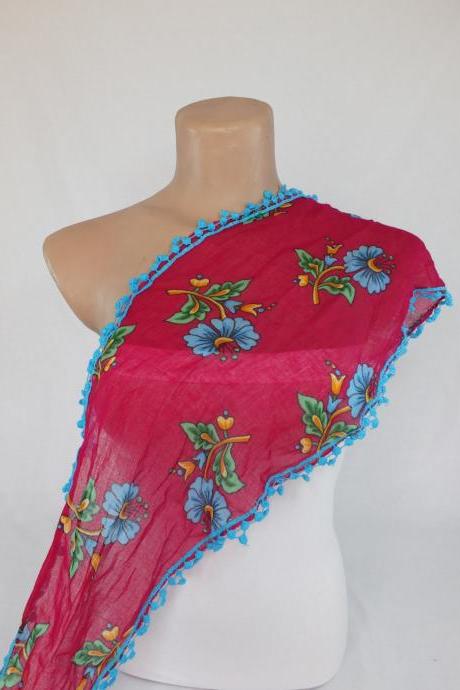Fuchsia scarf,cotton scarf, cowl with polyester trim,neckwarmer, scarf necklace, foulard,scarflette,