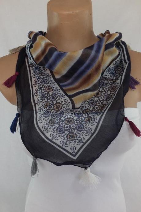 Multicolor chiffon scarf, Trendy fashion scarf, cowl with tassels ,women accessory,, scarf necklace, foulard,scarflette,
