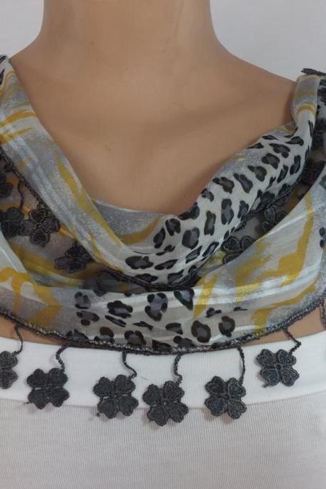 Gray-yellow chiffon scarf, woman fashion scarf, cowl with lace trim,women accessory,neckwarmer, scarf necklace, foulard,scarfl
