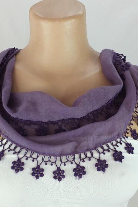 Purple scarf, cotton scarf,woman fashion scarf, cowl with flower lace trim,women accessory,neckwarmer, scarf necklace, foulard,scarflette,