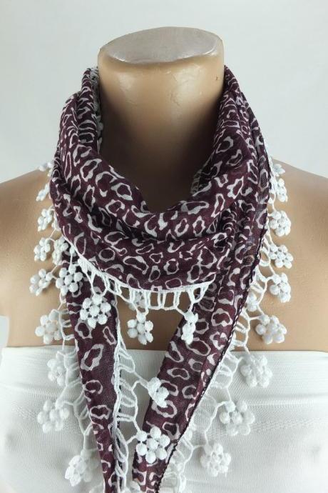 Maroon scarf, cotton scarf, woman fashion scarf, cowl with flower lace trim, flower trim scarf women accessory,neckwarmer, scarflette,