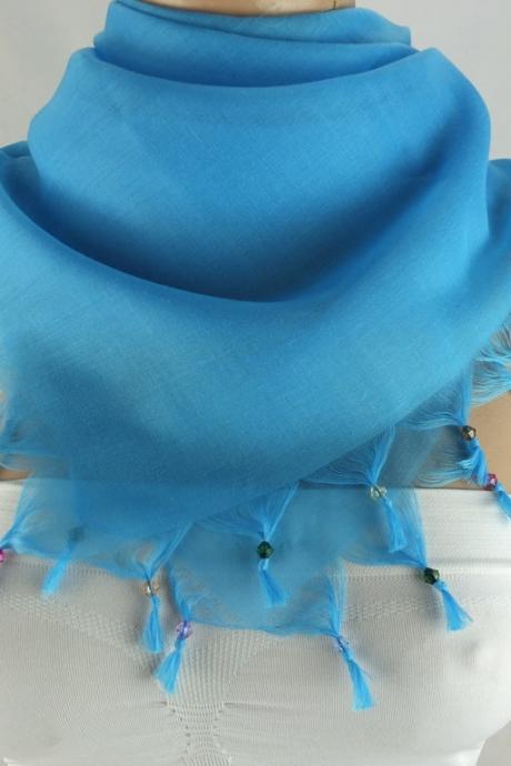 Womens Head scarf with cyrstal bead edges , Light blue scarf, square scarf, Turkish scarf shawl, Fabric shawl, Christmas gift for her,