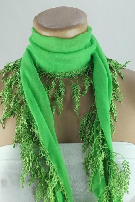Neon green scarf , lace trim scarf, green fringed scarf, Cotton foulard, Coral blue scarf , cotton foulard, gift ideas for her