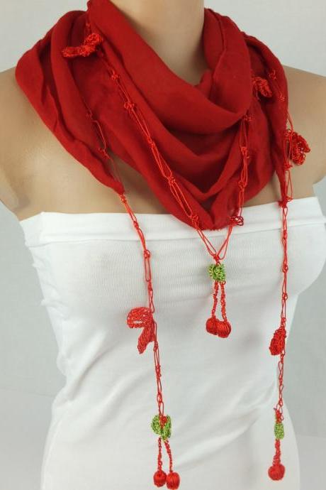 Red scarf ,cotton scarf with hand crochet edges , Turkish oya scarf,scarf necklace, foulard,scarflette,christmas gift