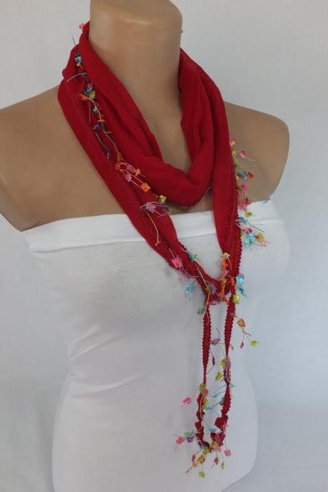 Maroon-dark red cotton scarf, Trendy fashion scarf, cowl with trim, accessory,necktie,foluard neckwarmer, scarf necklace,,scarflette