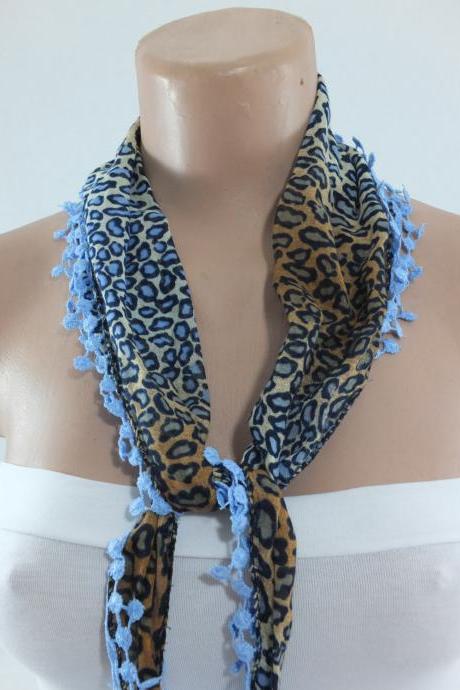 Leopard print scarf , blue-brown cotton scarf, woman fashion scarf, cowl with flower lace trim,neckwarmer, foulard,gift fo