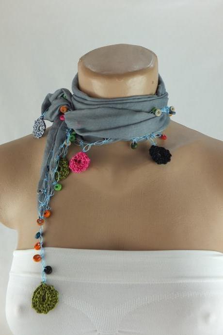 Blue-Gray Cotton scarf with crochet flower edges ,scarflette , cowl with crochet flowers , scarf necklace, cotton blue foulard, gift for her