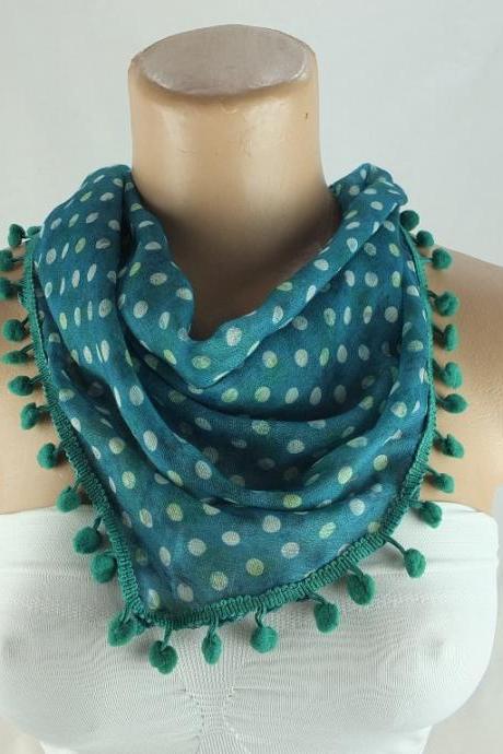 Green scarf , cotton scarf with pompom trim, green cowl, polka dots triangle scarf shawl, gift ideas for her