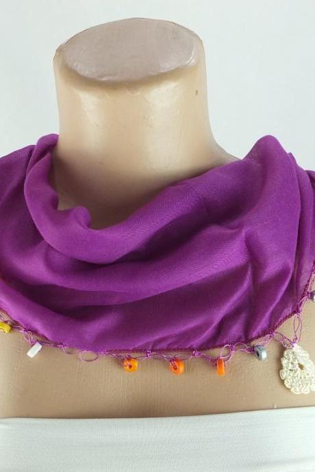 Burgundy scarf, cotton scarf with crochet flower edges ,scarflette , cowl with crochet flowers , scarf necklace, foulard, gift for her