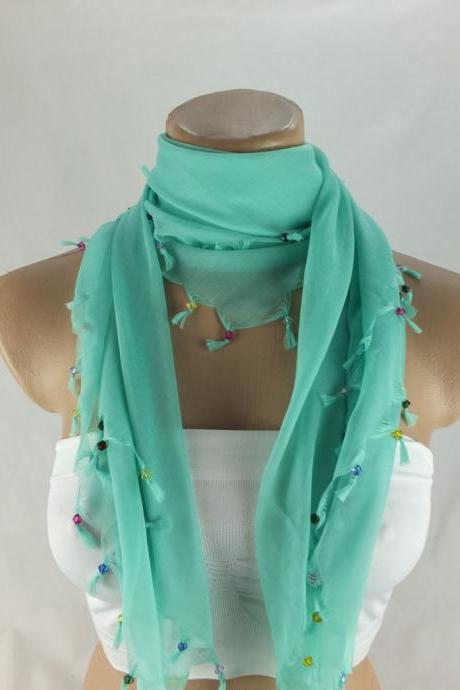 Mint green scarf with cyrstal beads, Square head scarf,traditional Turkish scarf shawl, Fabric shawl, Christmas gift for her,