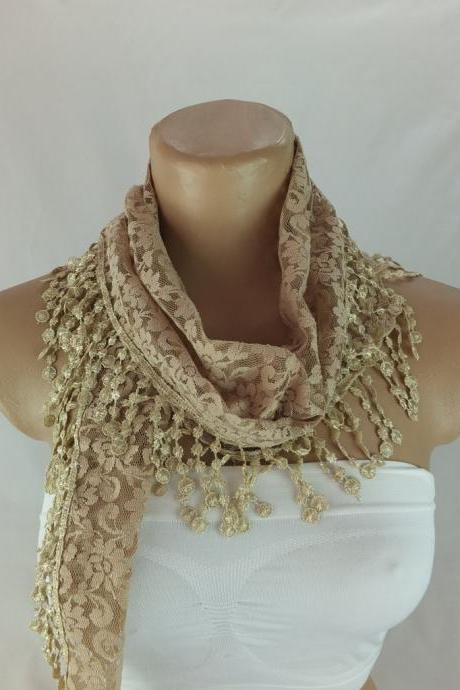Dark beige lace scarf , Beige scarf with lace trim,summer scarf, neck scarf, foulard,scarflette,bandana